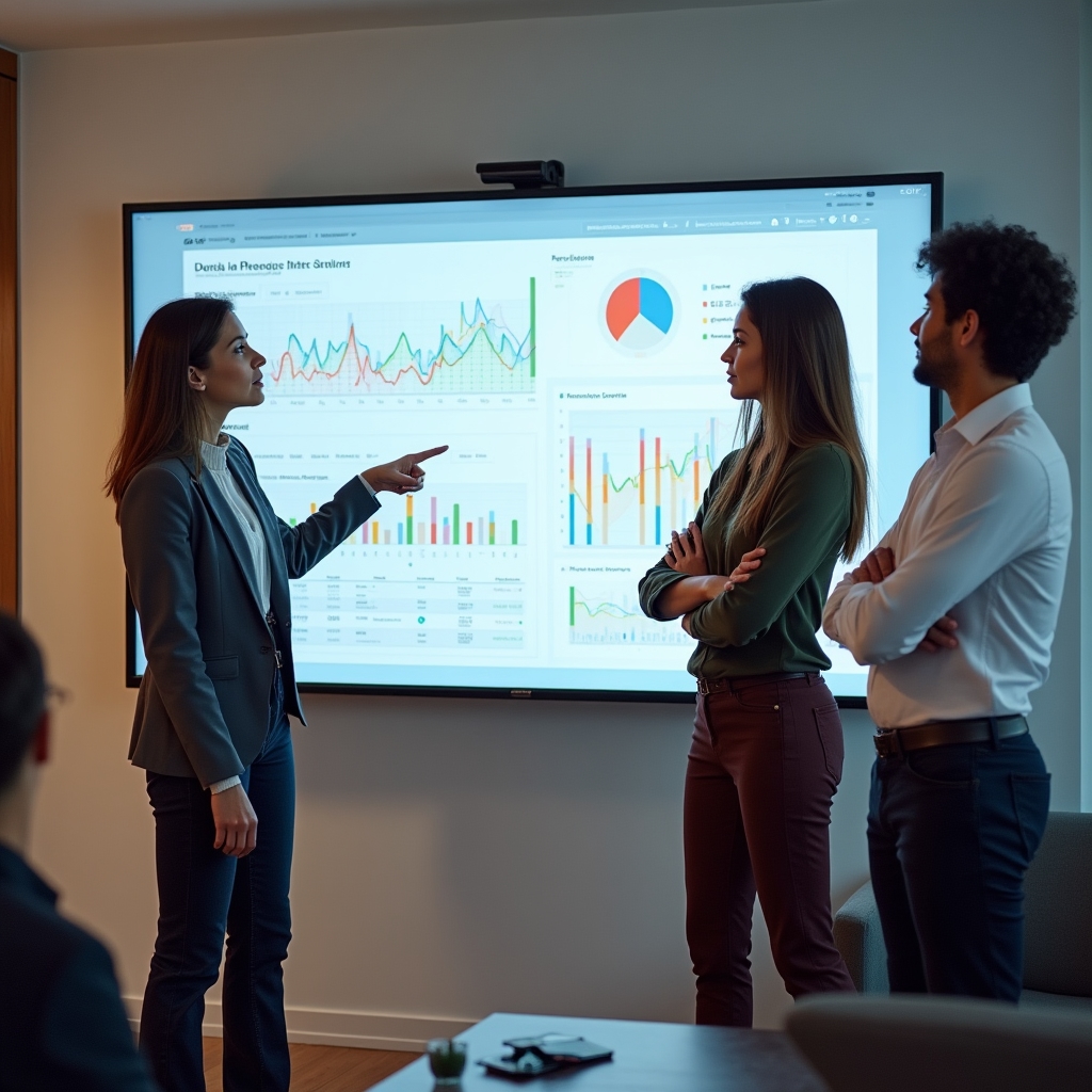 Echipă de marketing analizând împreună un dashboard de raportare pe un ecran mare